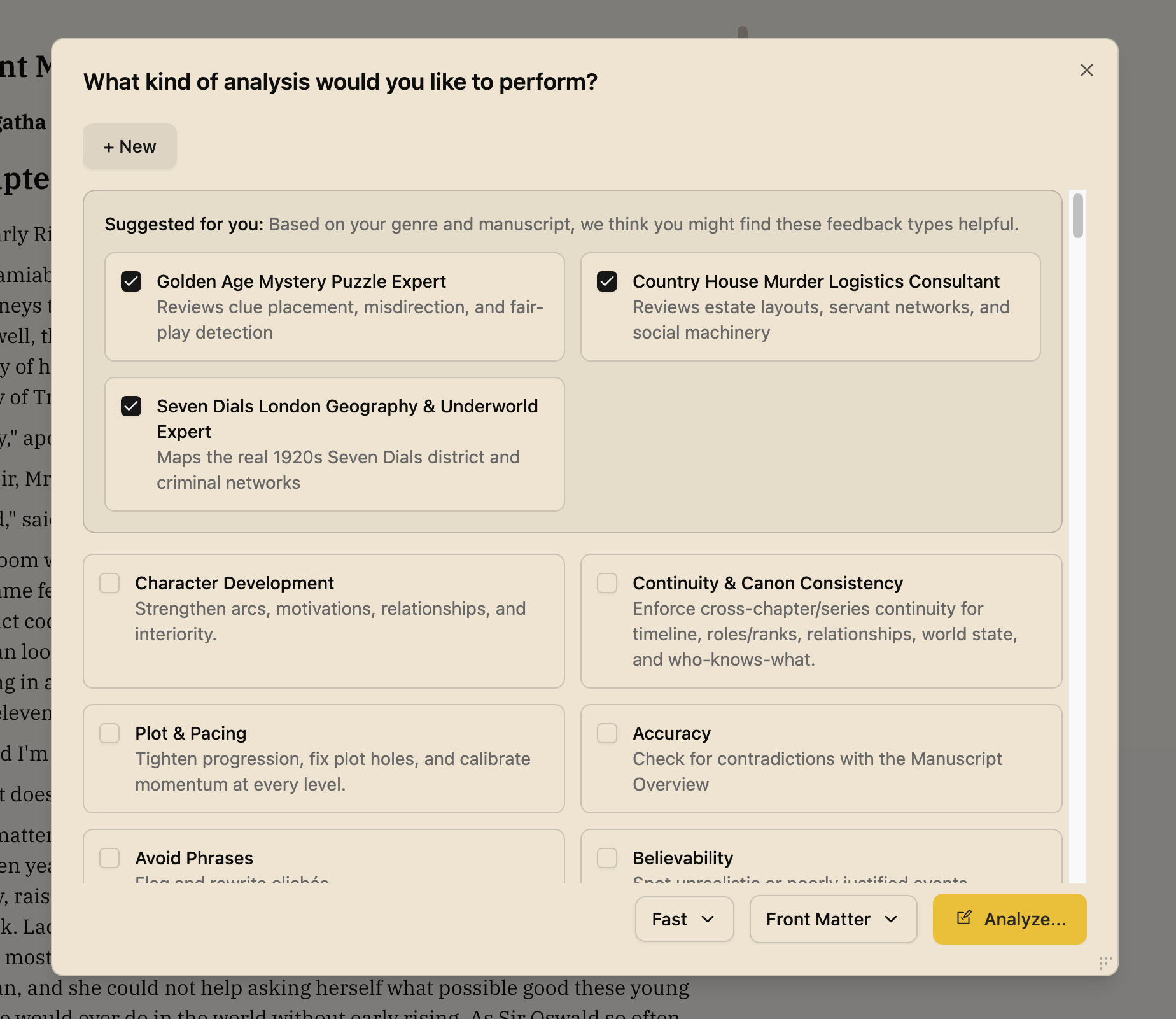 Intelligent editing interface showing analysis options